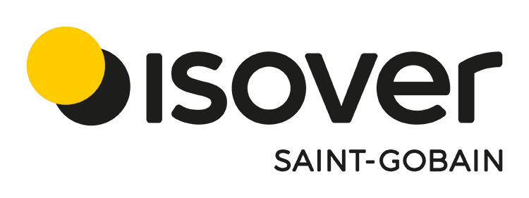 Logo von Isover Saint-Gobain mit gelbem Kreis und schwarzem Schriftzug auf weißem Hintergrund.