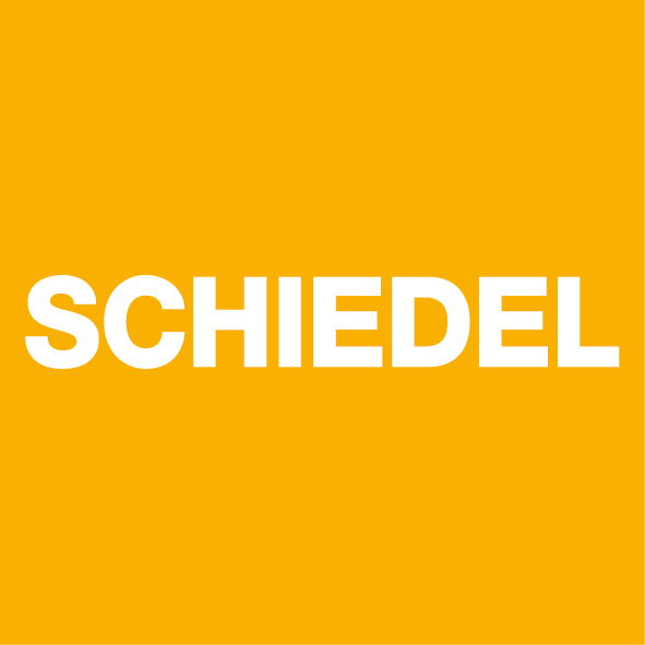 Schiedel Gelber Hintergrund mit dem weißen Schriftzug „SCHIEDEL“ in Großbuchstaben zentriert.